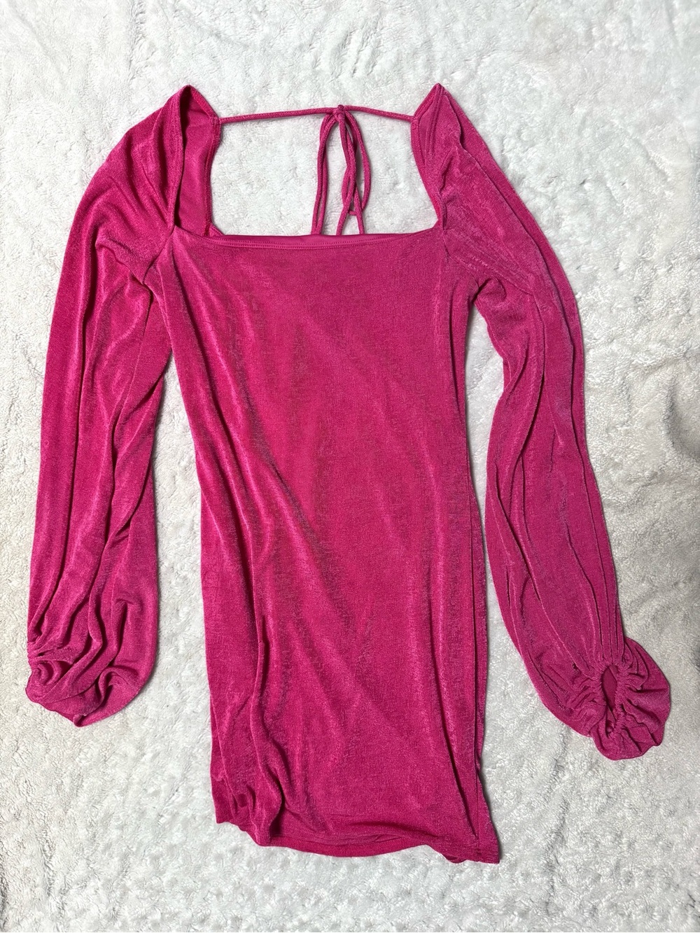 NWOT- LUCY IN THE SKY Square-Neck Long Sleeve Shimmer Mini Dress in Fuchsia Pink - Picture 2 of 11